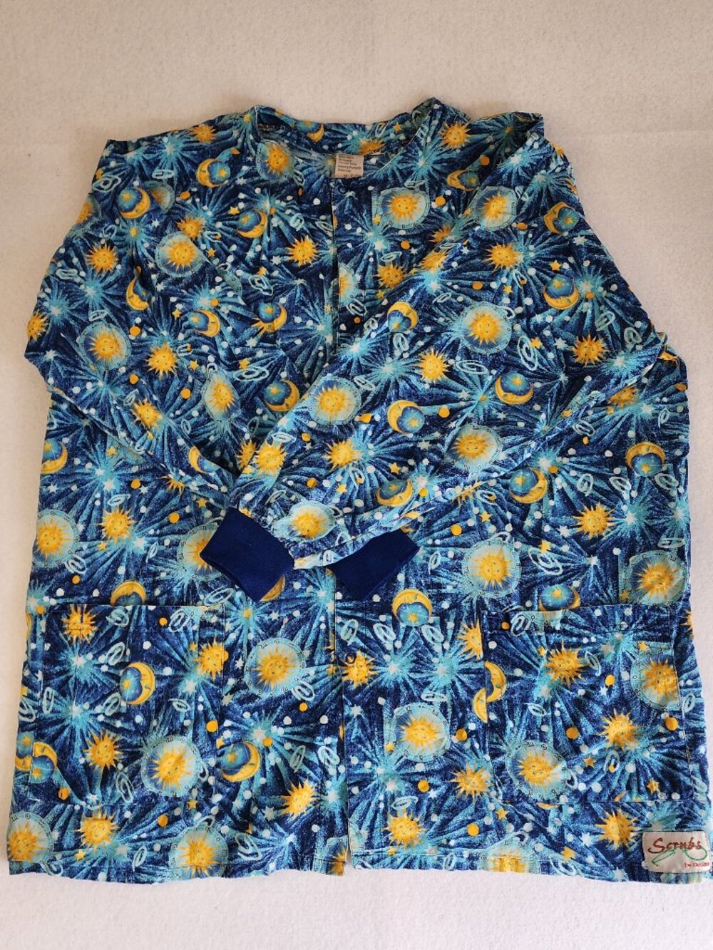 Vintage Celestial Sun Moon Stars Scrub Jacket Top XL